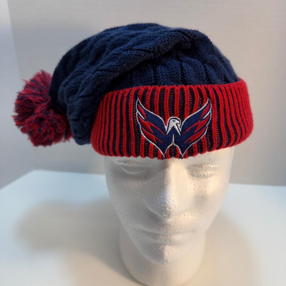Washington Capitals NHL Knit Pom Beanie Hat Navy Red Embroidered Logo Fanatics - Picture 3 of 6
